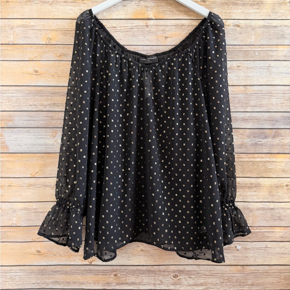 Lane Bryant Blouse Women’s Size 18/20 Black Gold V-Neck Sheer Clip Dot NWT
